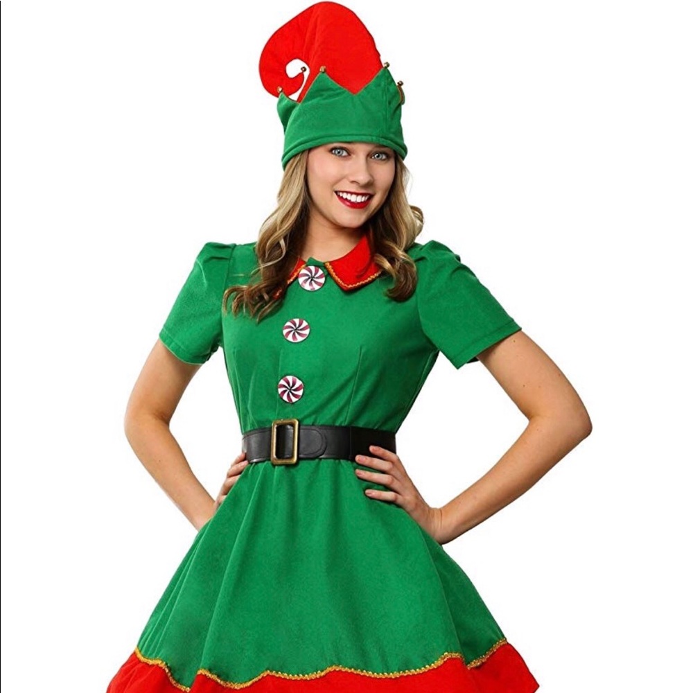 Womens Holiday Elf Dress and Hat Costume